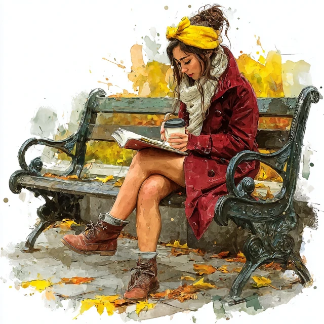 Autumn Reading Woman on Bench Watercolor Art