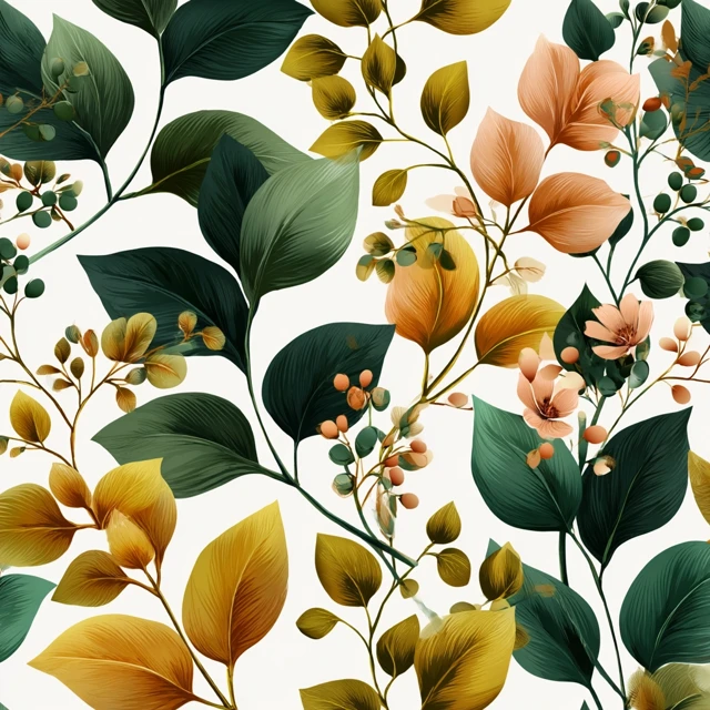Botanical Pattern Green Yellow Peach Leaves