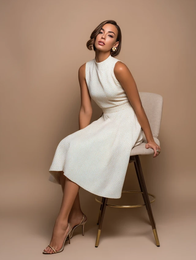 Sophisticated Woman in Ivory Dress Studio Portrait