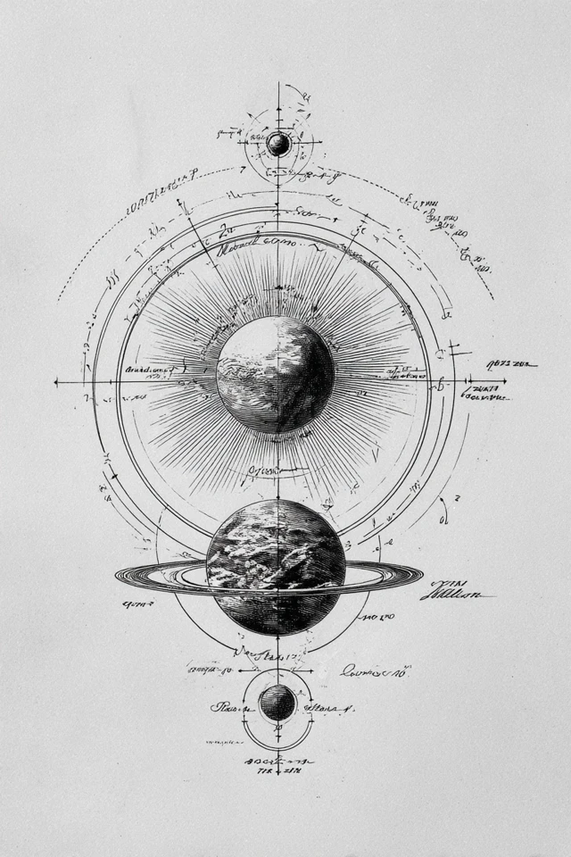 Vintage Scientific Sketch: Earth, Sun, and Mars