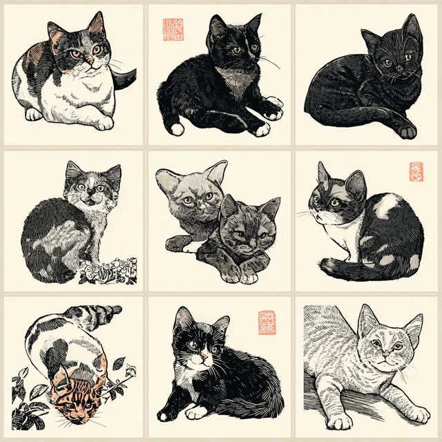 Woodblock Print Kittens Ten Adorable Illustrations