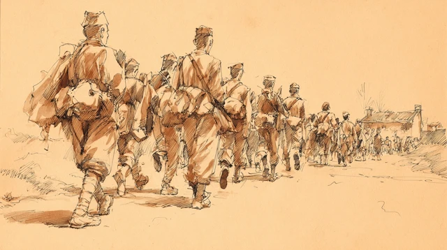 Vintage Sepia Ink Sketch: Young Soldiers Marching to War