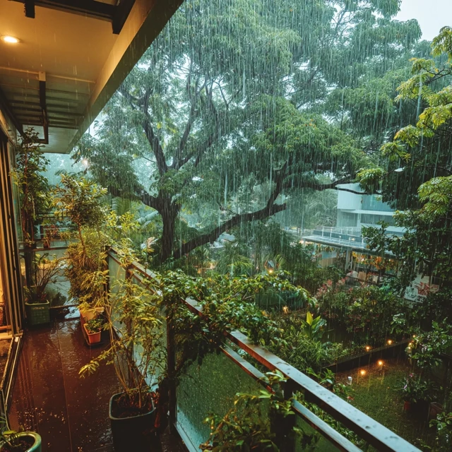 Rainy Balcony Serene Garden View Photography