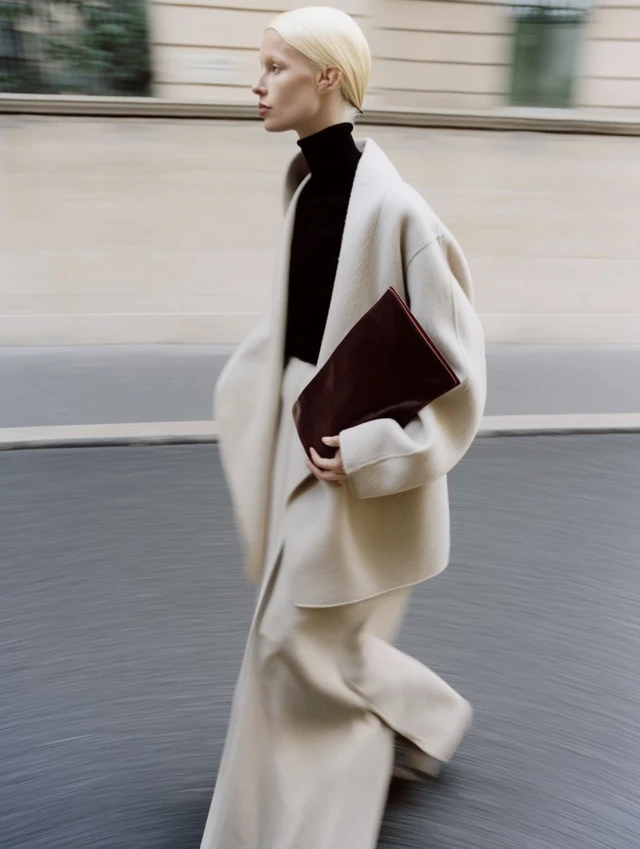 Elegant Woman in Beige Coat Walking in Paris