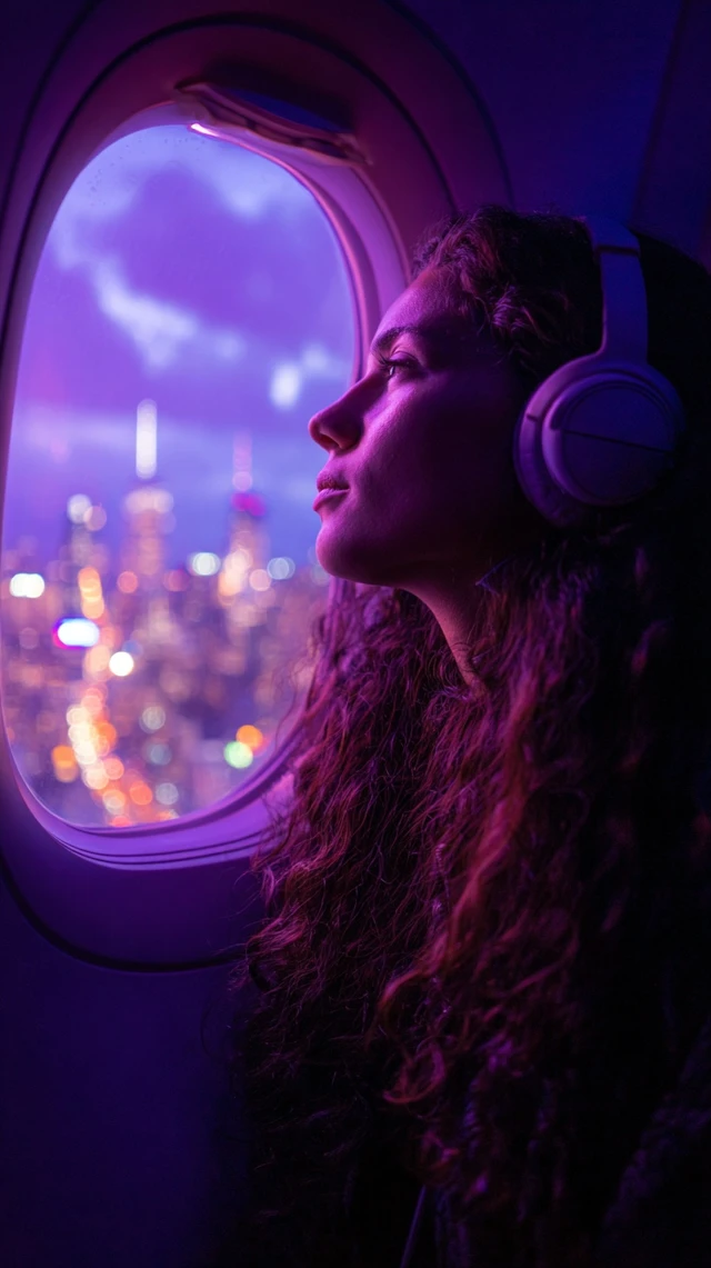 Woman on Airplane New York Night View