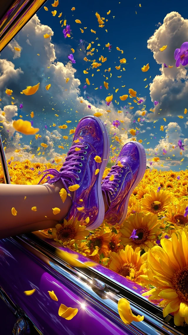Summer Road Trip Sunflower Field and Purple Sneakers