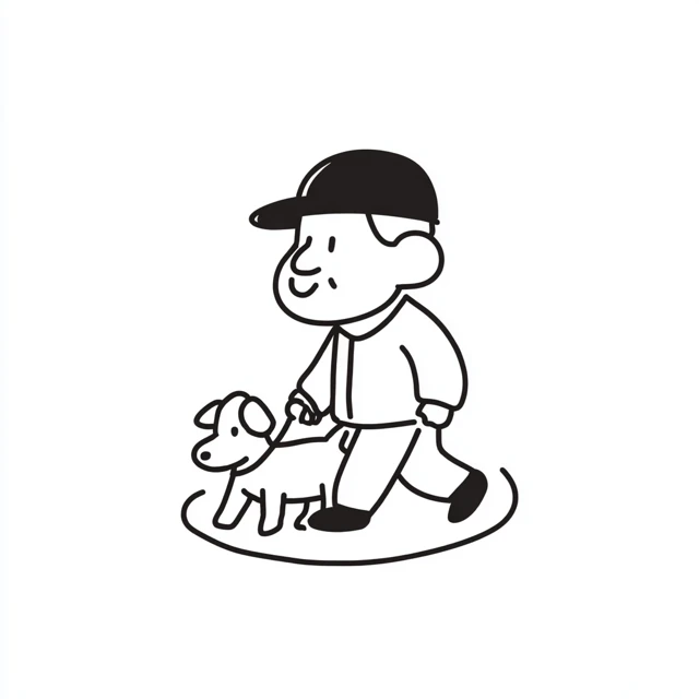 Elderly Man Walking Dog Cute Cartoon Illustration