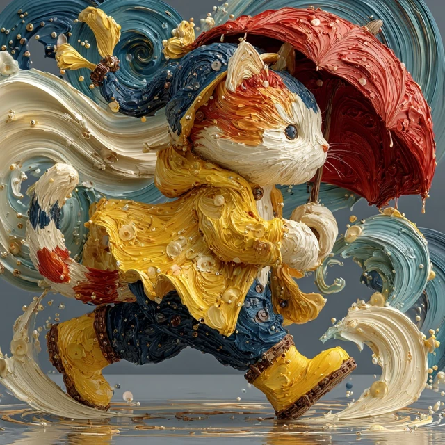 Calico Cat in Raincoat Painting Impasto Art
