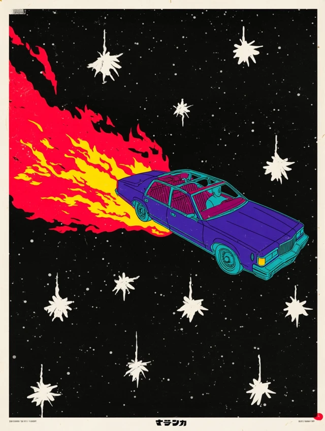 Vintage Rocket Car Poster in Space