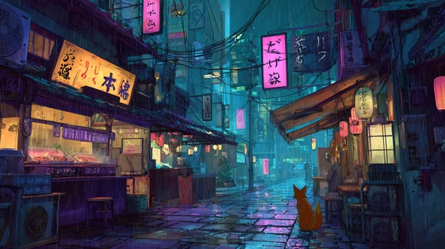 Cyberpunk Fox in a Rainy Japanese Market