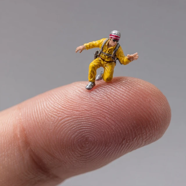 Miniature Action Hero Posing on a Finger