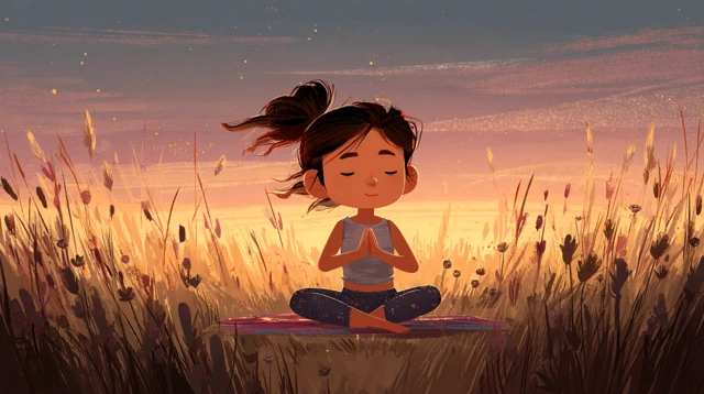 Girl Doing Yoga in Sunset Meadow Peaceful Scene