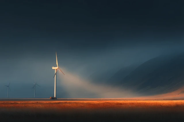 Wind Turbines in a Golden Hour Grassland
