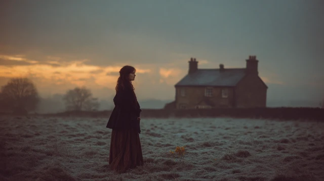Woman in Frosty Field Dawn Rural Scene