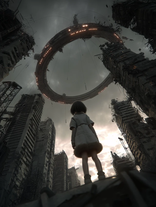 Apocalyptic Girl Gazes at Space Station