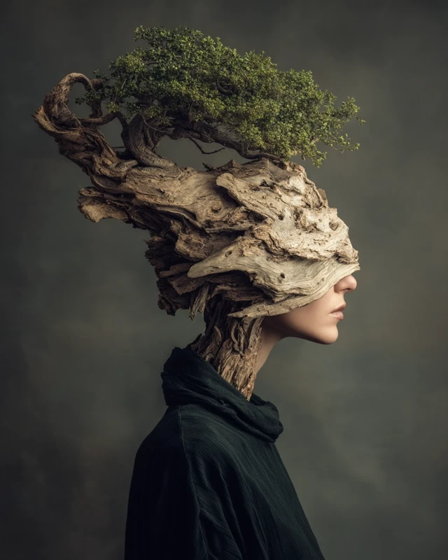 Woman with Bonsai Tree Surreal Photo Realistic Art