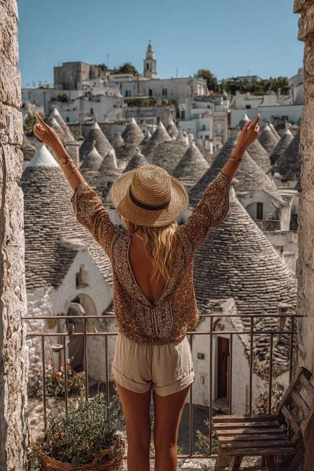 Woman in Alberobello Italy Trulli Rooftops