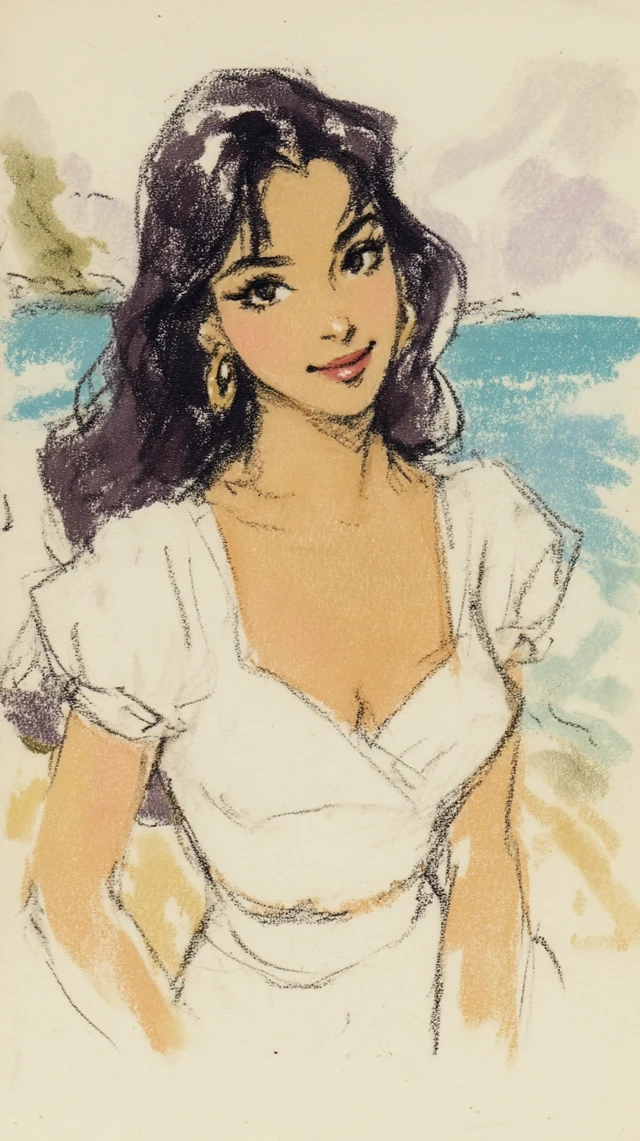 Asian Woman Portrait Beach Don Bluth Style
