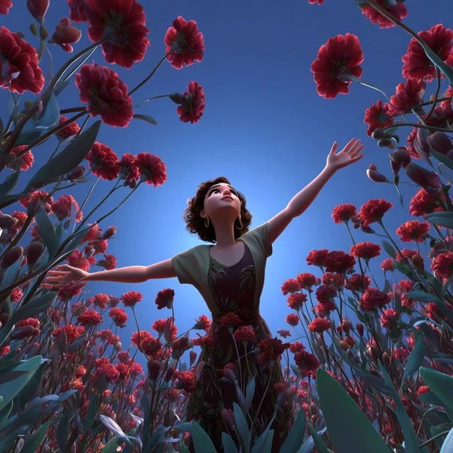 Young Woman in Carnation Field Pixar Style