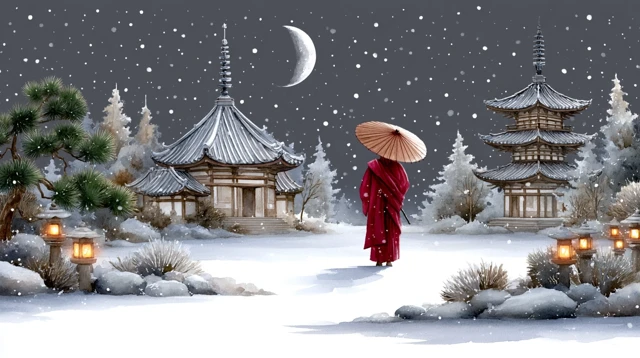 Japanese Winter Temple Garden Monk Sumi e Art