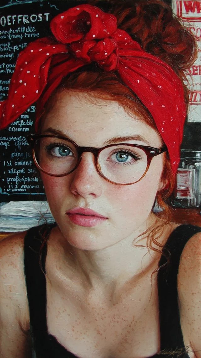 Cute Nerd Girl in Coffee Shop - Classic Painting