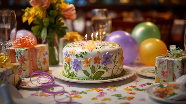 Birthday Cake with Flowers Candles and Presents