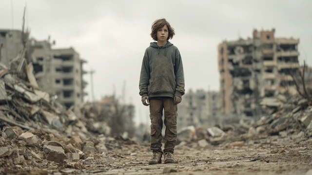Boy in Ruined City Cinematic Portrait