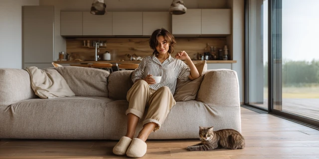 Woman Relaxing with Cat in Modern Living Room
