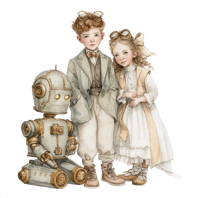 Steampunk Siblings and Robot Companion Watercolor Art