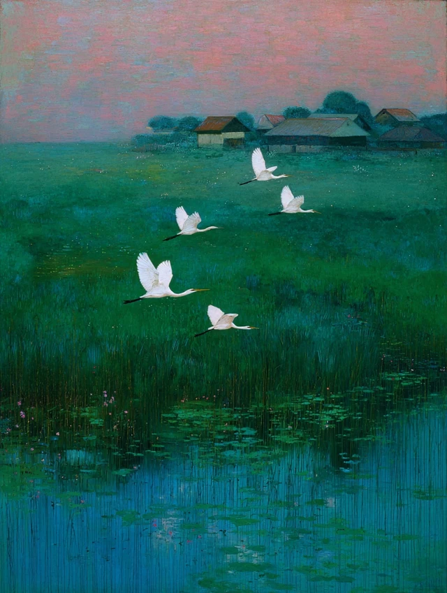 Gustav Klimt Inspired Dusk Birds Over Green Field