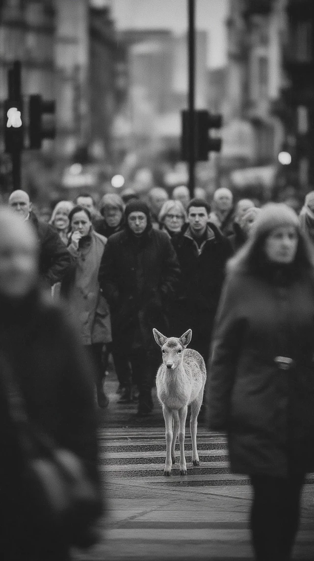 Fawn in City Intersection Black and White Photography