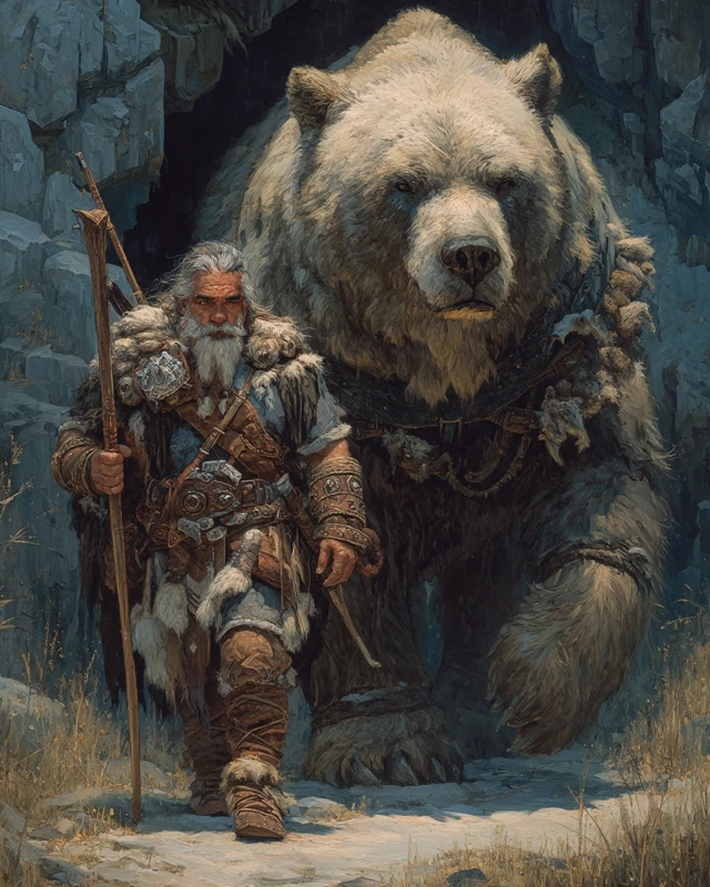 Barbarian and Cave Bear Epic Oil Painting