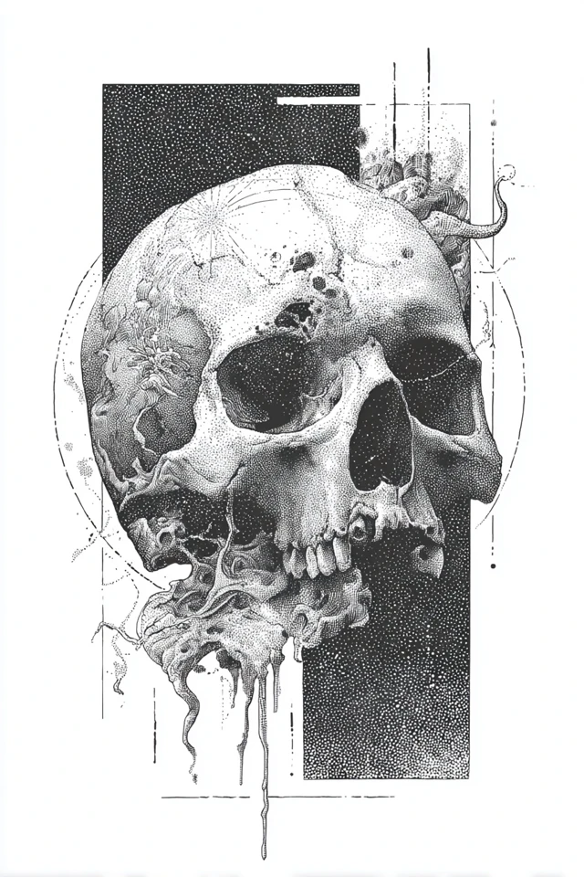Surreal Anatomical Skull Engraved Illustration