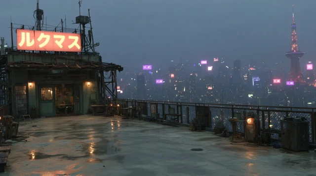 Cyberpunk Rooftop Dusk Cityscape