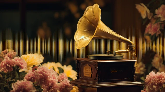 Nostalgic Gramophone Romantic Music and Flowers