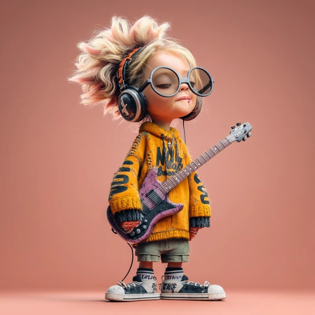 Cute Punk Girl with Purple Guitar 3D Art