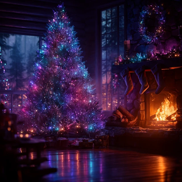 Christmas Tree Living Room Fireplace Night