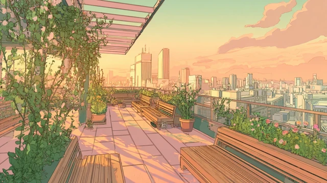 Rooftop Garden Serenity Anime Style Cityscape