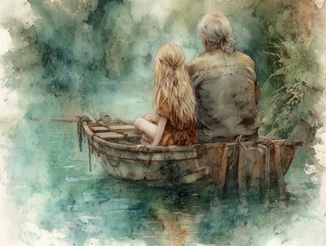 Father and Daughter Fishing in a Watercolour Boat