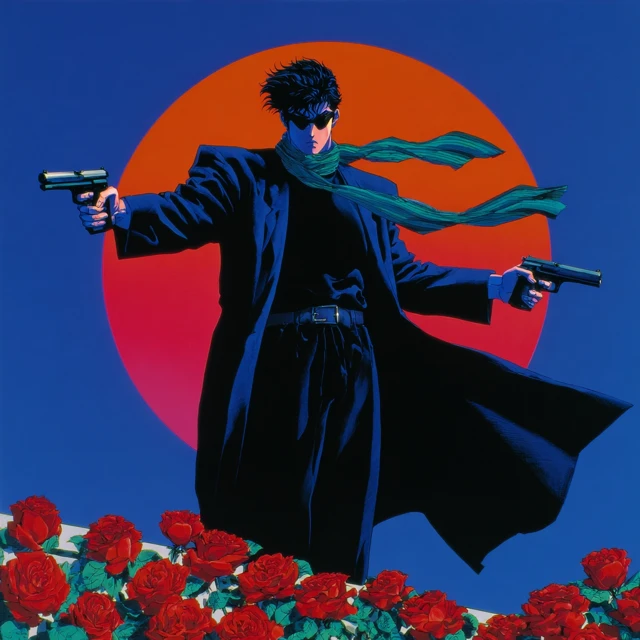 Anime Duelist on Rooftop with Pistols and Roses