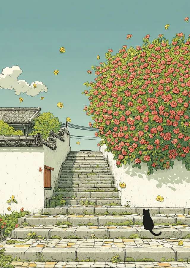 Black Cat on Stairs Pastel Art