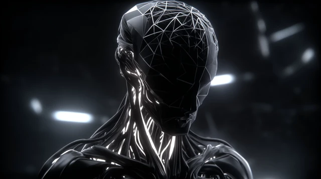 Futuristic AI Entity in Dark Geometric Space