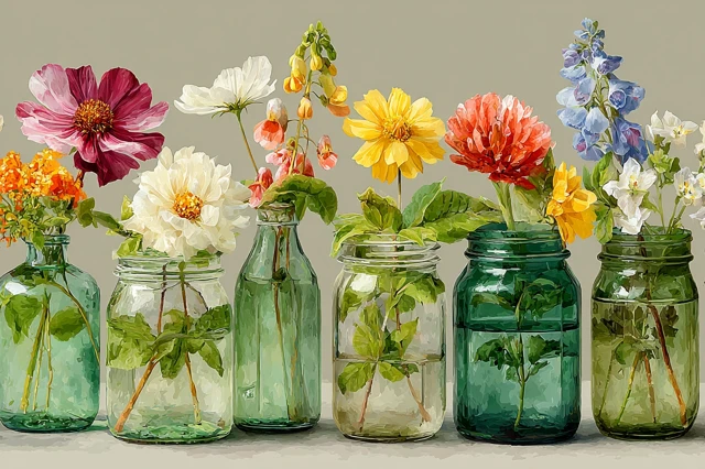 Mason Jars with Wildflowers Watercolor Painting