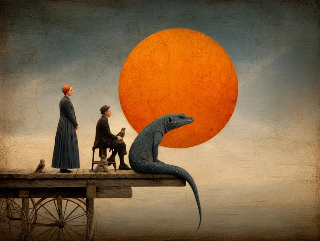 Lizardman and Orange Moon Painting by Christian Schloe