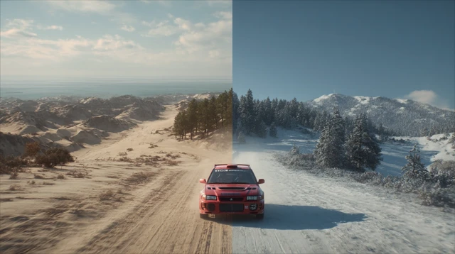 Rally Car Race Scene Winter Snow Sunlight 8K Realistic