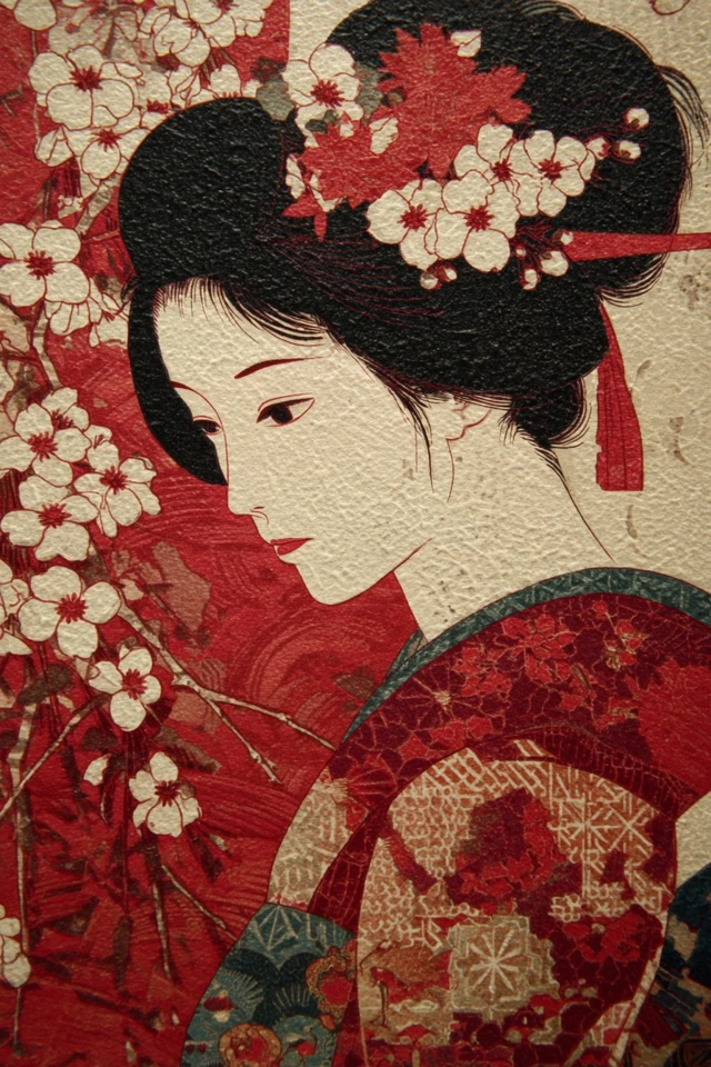 Geisha Under Cherry Blossoms Ukiyo e Style