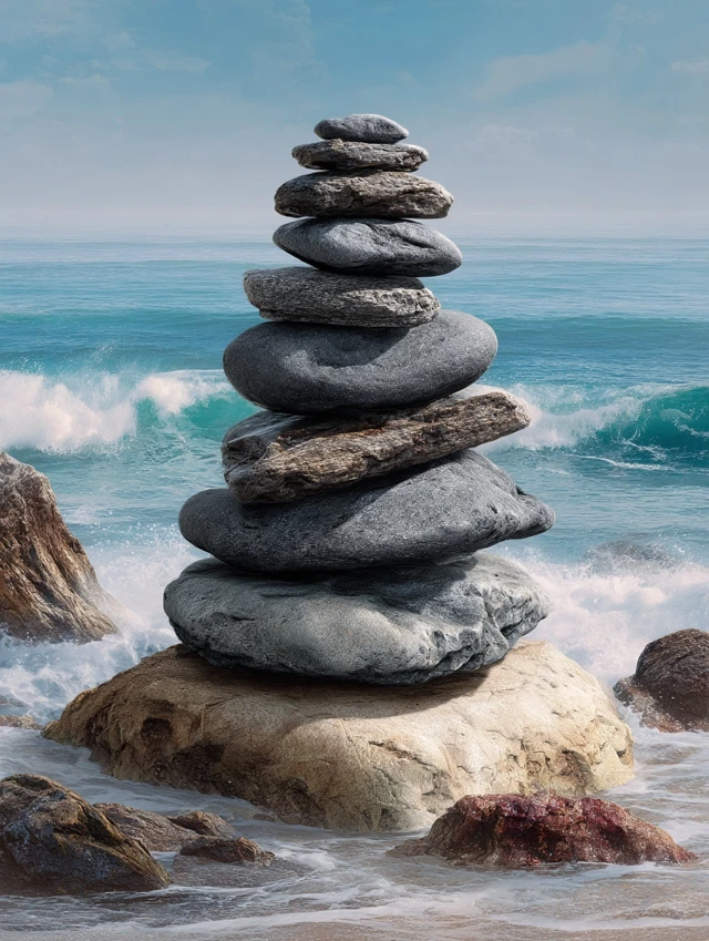 Zen Stone Tower on Beach Serene Coastal Landscape
