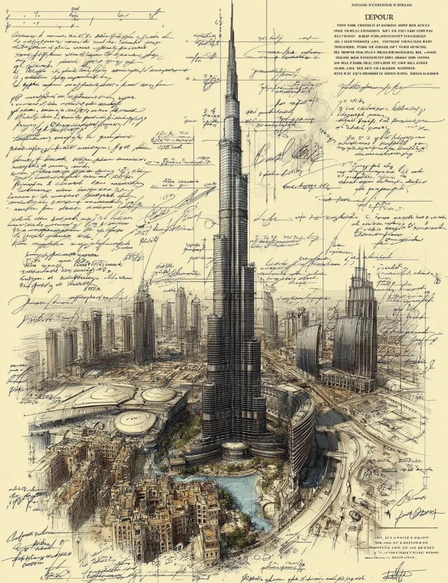 Burj Khalifa Sketch Dubai Vintage Art