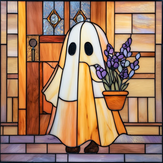 Stained Glass Ghost with Lavender A Cozy Halloween Artwork
