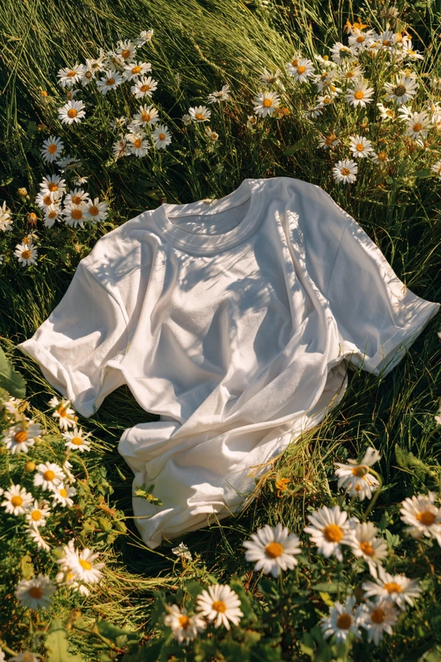 White Cotton TShirt on Green Grass and Daisies